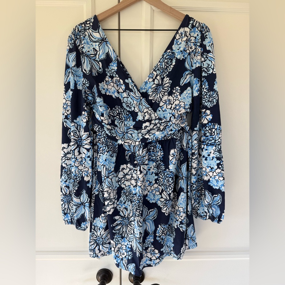 NWT Lilly Pulitzer Riza Skirted Romper in Low Tide Navy Bouquet All Day, size L